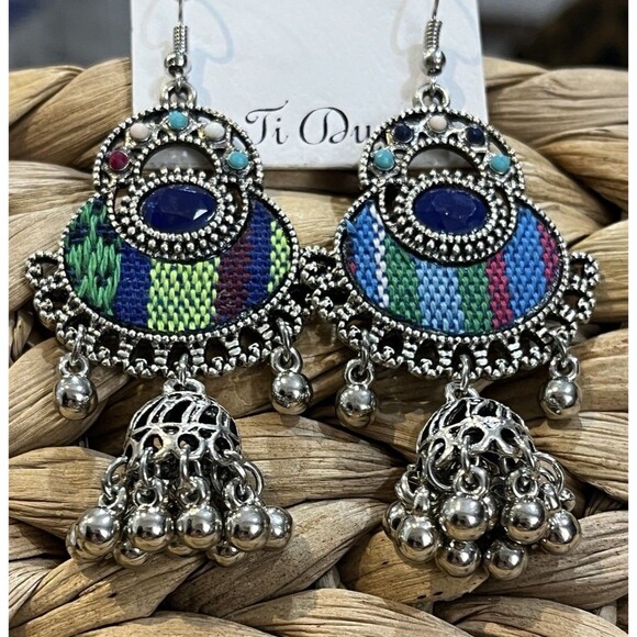 Oxidized Silver Jhumka Earrings W/ Fabric Inlay Ethnic Indian Dangle Earring - Picture 4 of 6